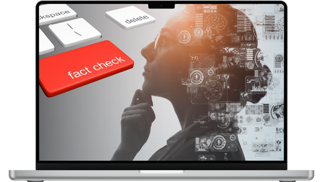 Laptop-Bildschirm zeigt eine Schwarz-Weiß-Illustration einer nachdenklichen Frau mit digitalen Symbolen für Datenanalyse und Technologie überlagert. Links oben große Computertasten, darunter eine auffällige rote Taste mit der Aufschrift „fact check“.